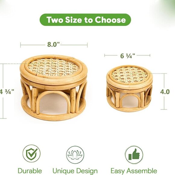 NEW Set of 2 Small Boho Rattan Wicker Round Riser Plant Stand Indoor, Rustic - Picture 6 of 9